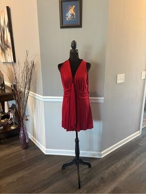 Boston Proper Red Plunge Neck Waist Tie Cocktail Dress Size Large